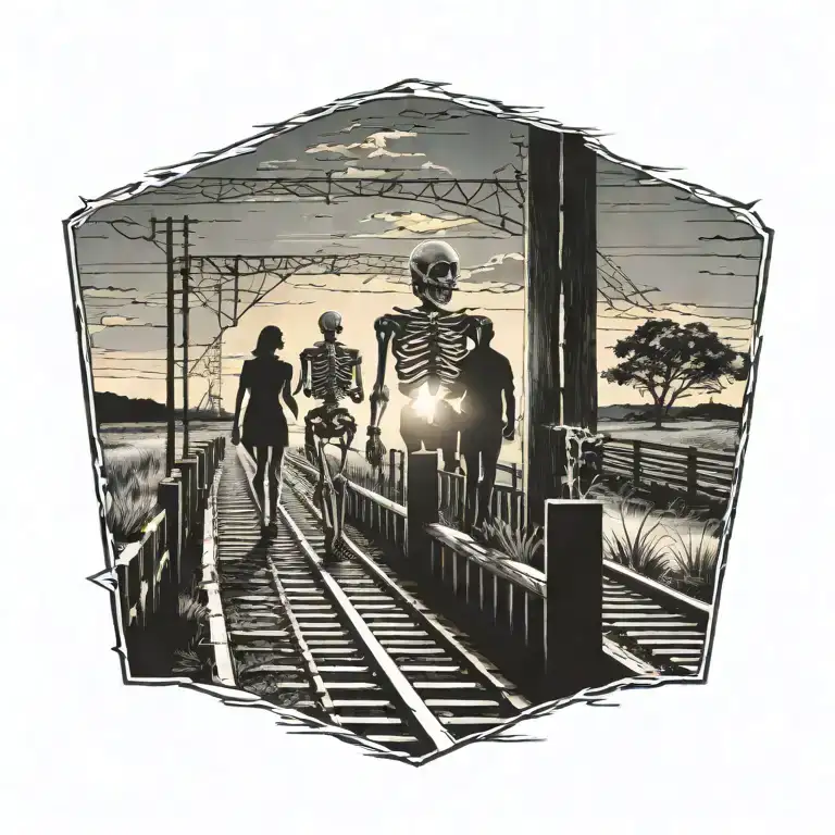 Tattoo Of A Skeleton Couple Walking Along Train Tracks And A Winding Path Towards A Glowing Sunset