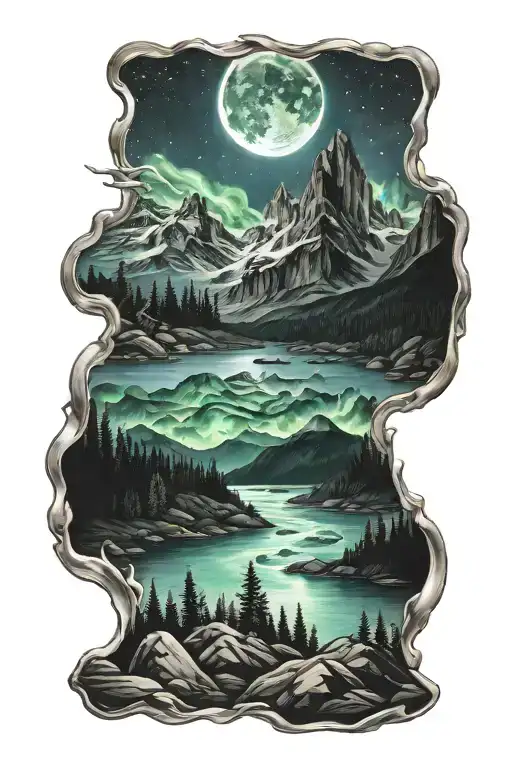 Night Time Mountain Scene With River And Northern Lights