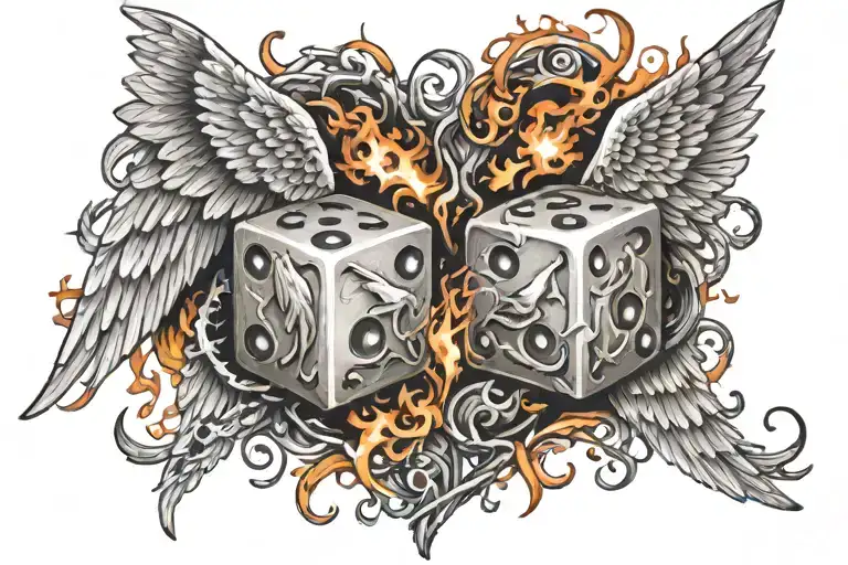 Angel Wings Dice Intertwined And Fire Flames