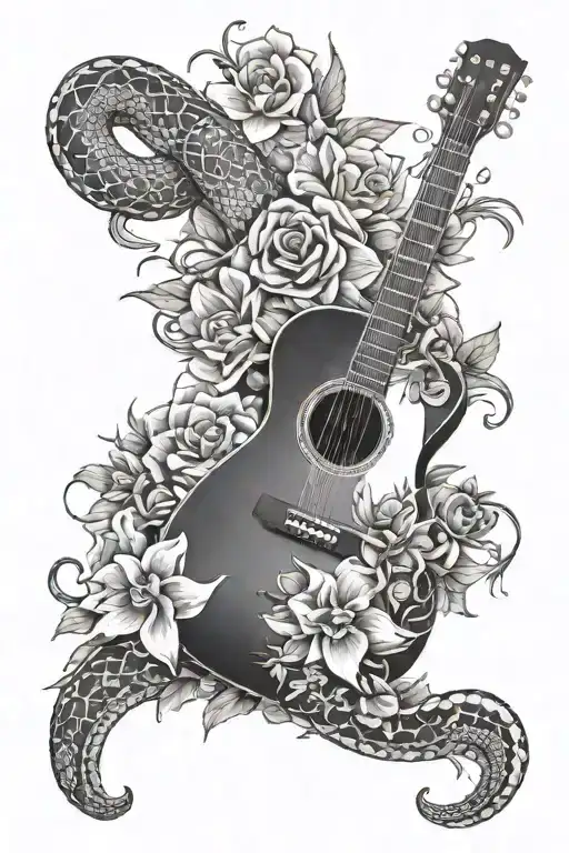 A Guitar With A Dead Snake And Flowers Wrapped Around It