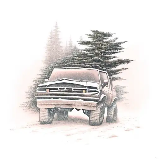 A Realistic Tattoo Of A Four-wheel Drive Vehicle Climbing A Rugged Mountain Trail At Dusk