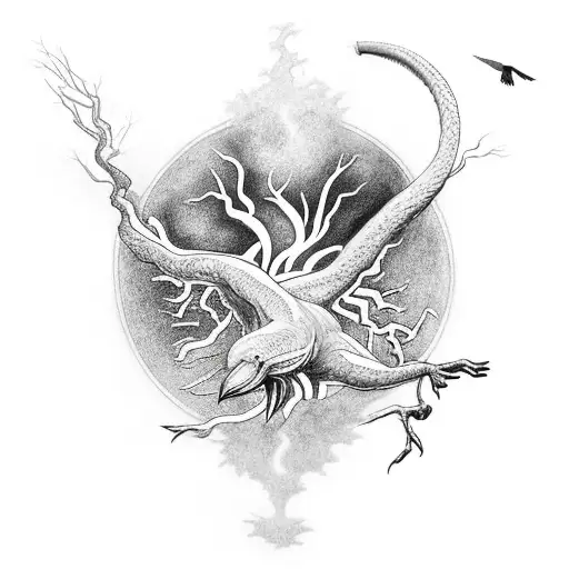 Raven Flying Out Of The Branches Of Yggdrasil And A World Serpent Curling In The Roots