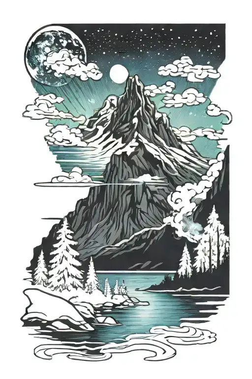 Night Time Mountain Scene With River And Northern Lights