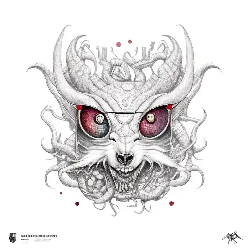 Mythical Creatures In The Style Of Trashpolka In Shades Of Red And Black