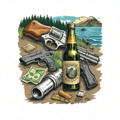 Guns Money Drugs Beer Bottle Camping Scene