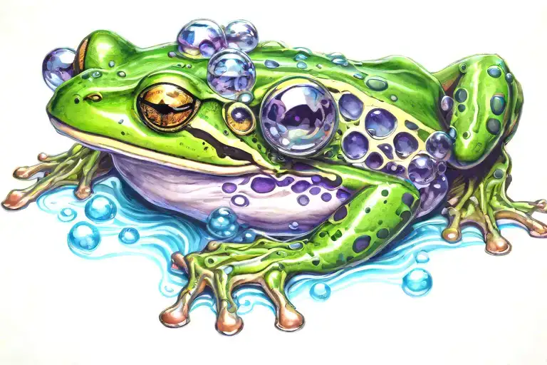 Green Frog With Purple Eyes And Blue Bubbles On It's Back