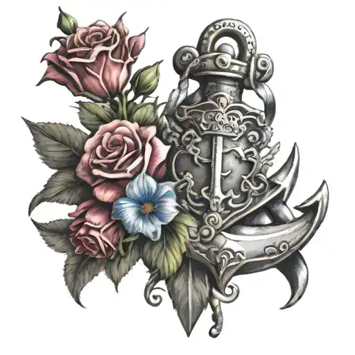 Anchor With Flowers And Sword And Shield