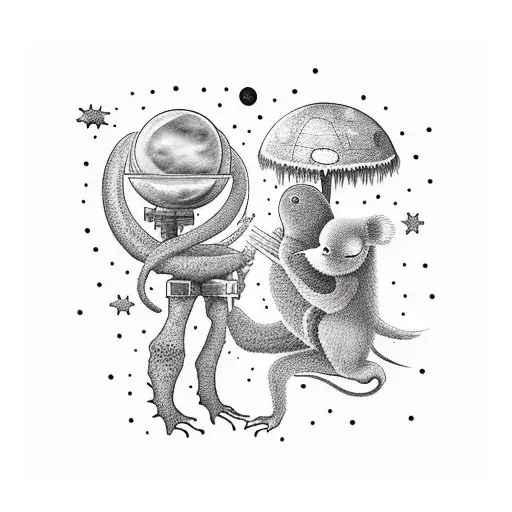 Alien And Koala Smoking A Ciggaret Sitting On A Log With Planets In The Sky