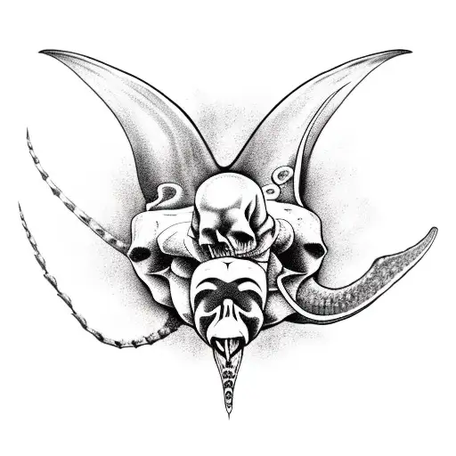 Skull With A Sting Ray Coming Out Of It And A Octopus Fighting A Shark