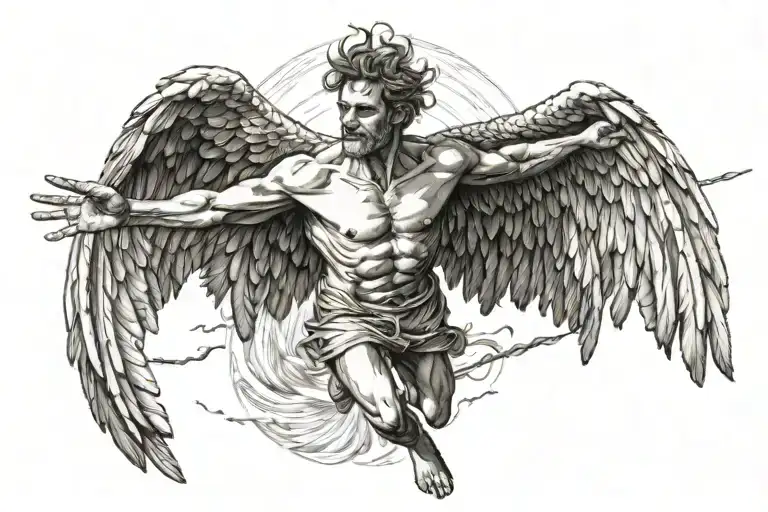 Icarus Flies Rapidly Over The Sea And His Wings Begin To Burn