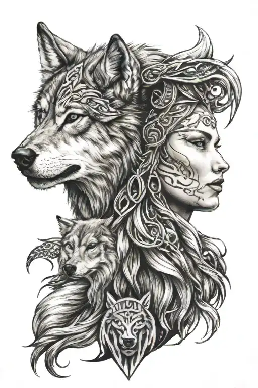 Wolf With Viking Women Face