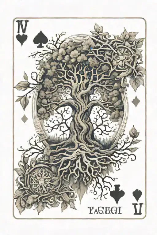 Tatoo Yggdrasil With Vigvisir In Center Four Playing Cards In Roots