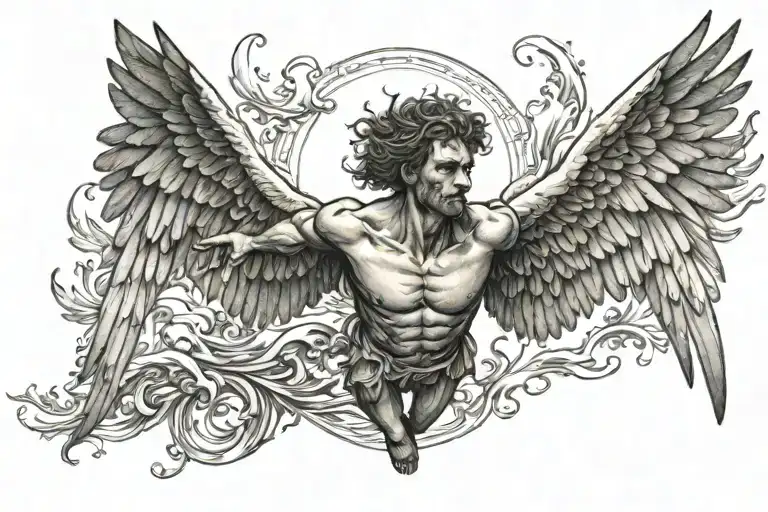 Icarus Flies Swiftly Over The Sea And His Wings Are Burning