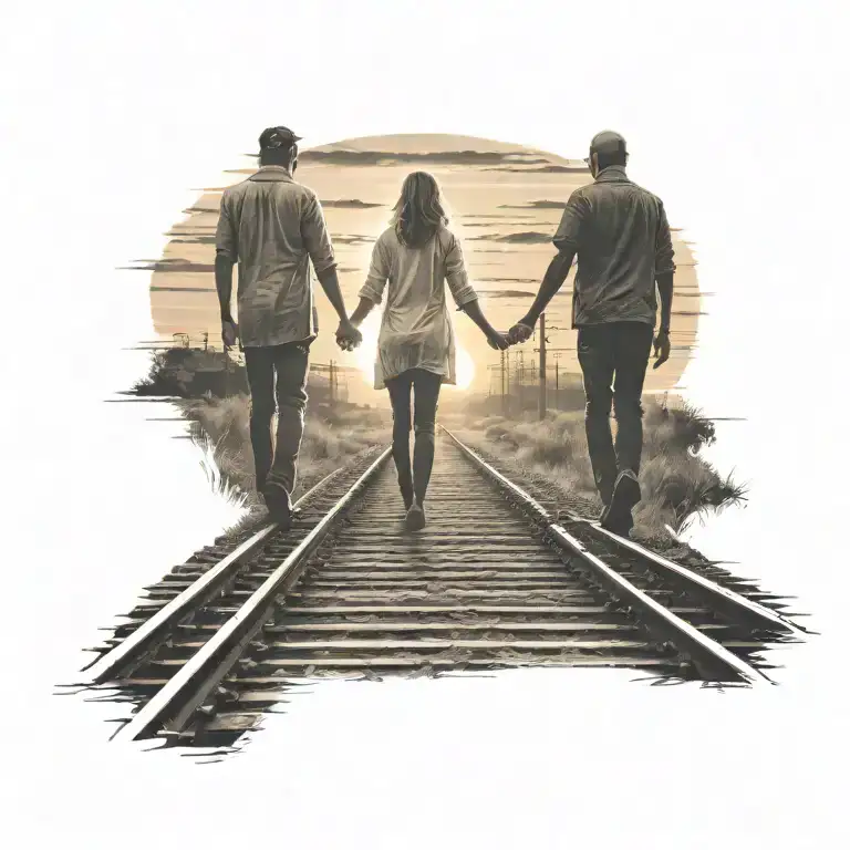 Couple Holding Hands Walking On Train Tracks Into Sunset