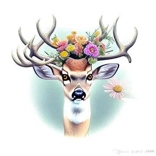 Deer With Flowers Looking To The Side And An Antique Frame Around It