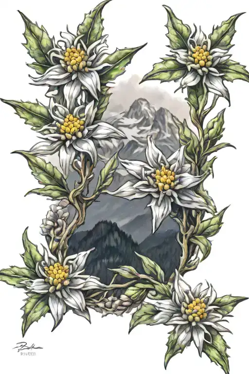 Edelweiss Flowers With Mountain Peak