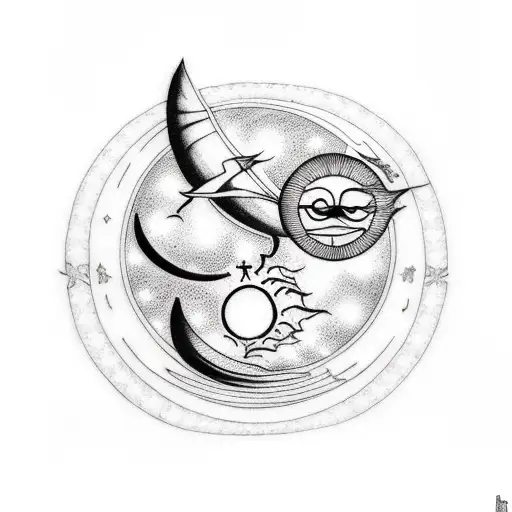A Tattoo Design That Combines A Silhouette Of A Parent And Child With A Crescent Moon And Sun Rays