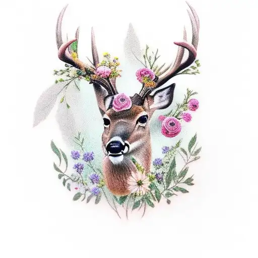 Deer With Flowers And An Antique Frame Around It