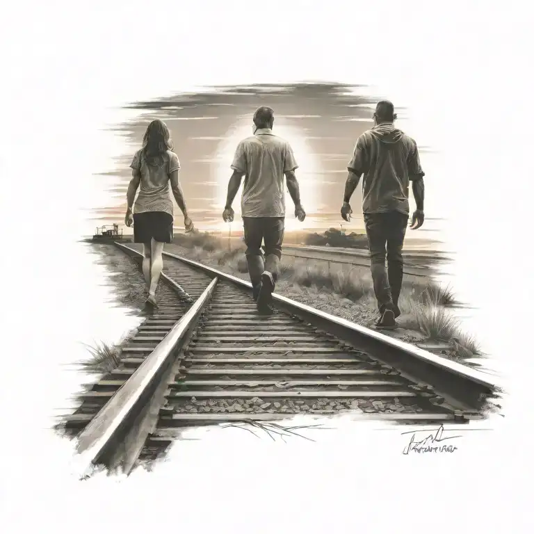 Man And Women Holding Hands Walking On Train Tracks Into Sunset