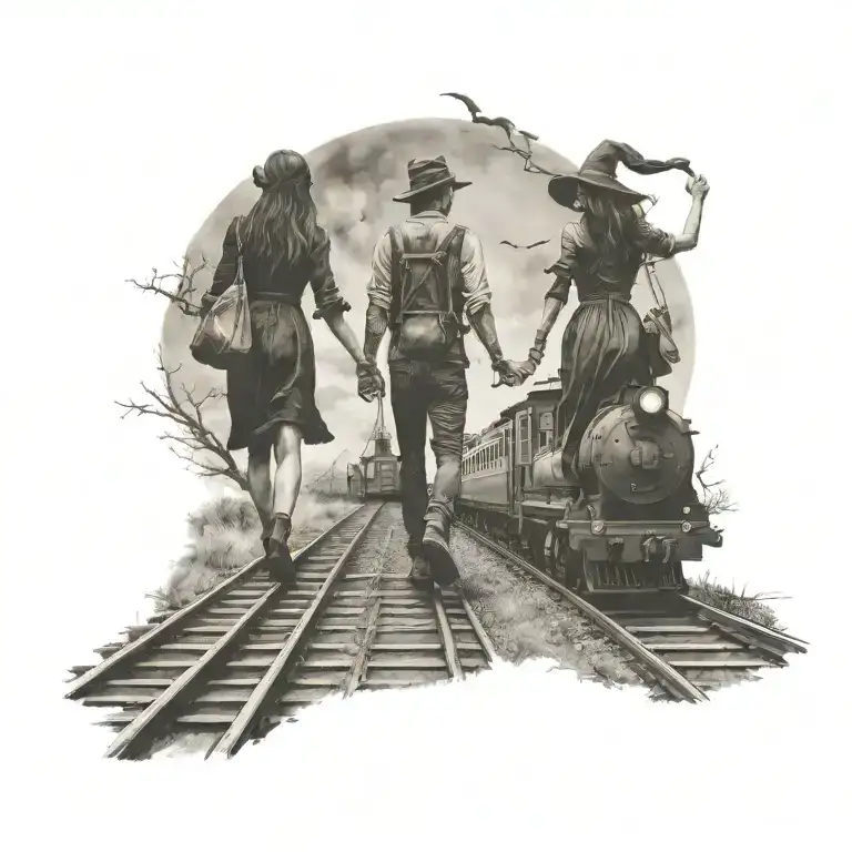 Couple Holding Hands Walking On Train Traveling Witch Casting Spells