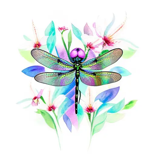 Watercolor Dragonfly With Intricate Black Striped Wings Surrounded By Colorful Flowers
