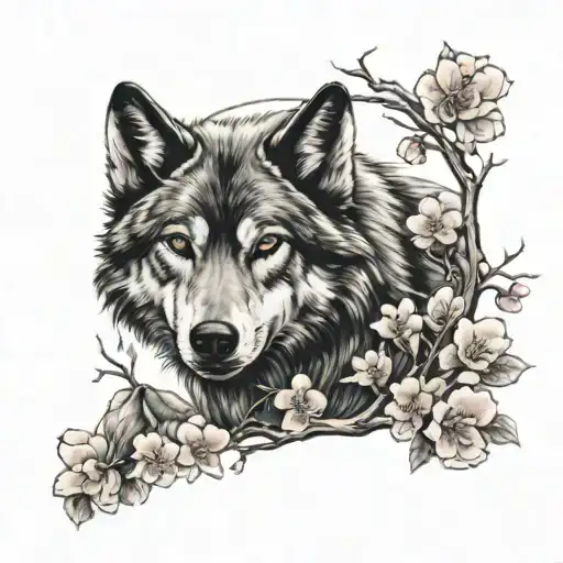 Wolf With Emt Symbol Surrounded By Cherry Blossoms