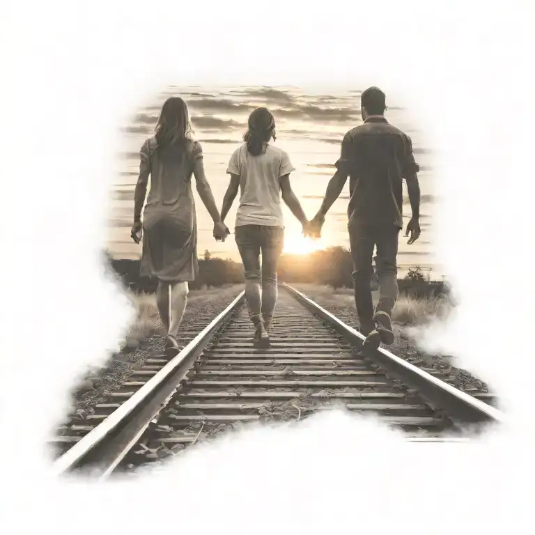 Loving Couple Holding Hands Walking On Train Tracks Into Sunset