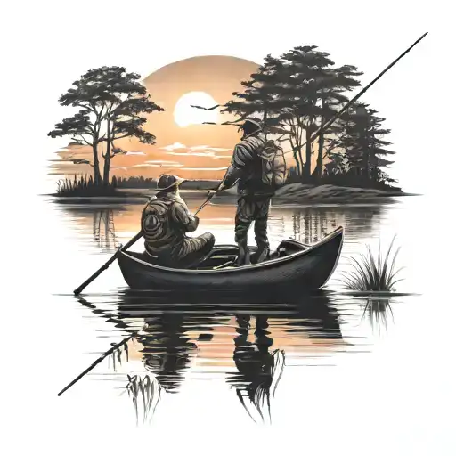 Father Son Fishing On Lake In The Sunset Sky