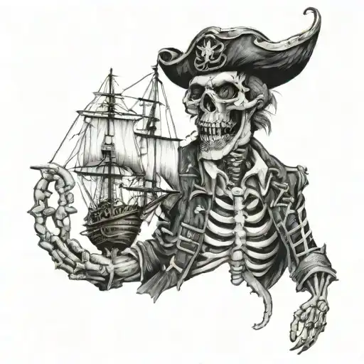Tattoo From Shoulder To Wrist Skeleton Pirate With Lantern Pirate Ship Megalodon