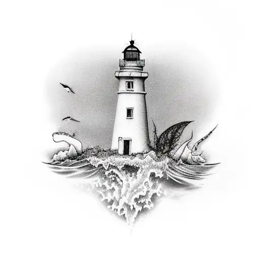 A Full Leg Tattoo A Lighthouse On Top And Seaweed At The Bottom