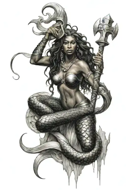 Black Skinned Mermaid With Flowing Hair Wrapped Around Thor's Hammer