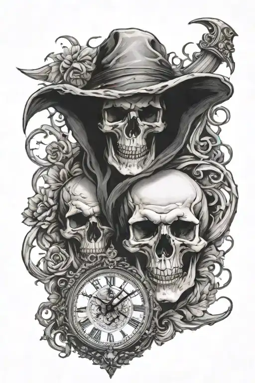 Skull Realizm Style Reaper Clock Arm Sleeve Black White
