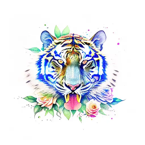 Watercolor Tiger With Roses