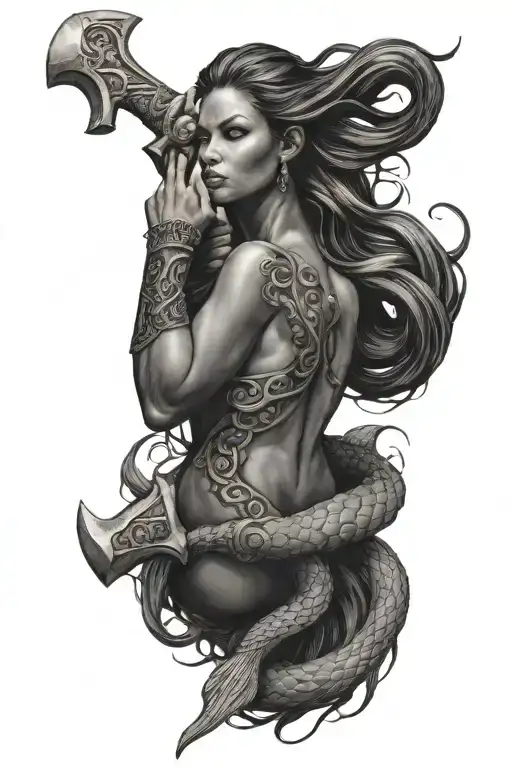 Mjolnir With Black Skinned Mermaid With Flowing Hair Wrapped Around Handle