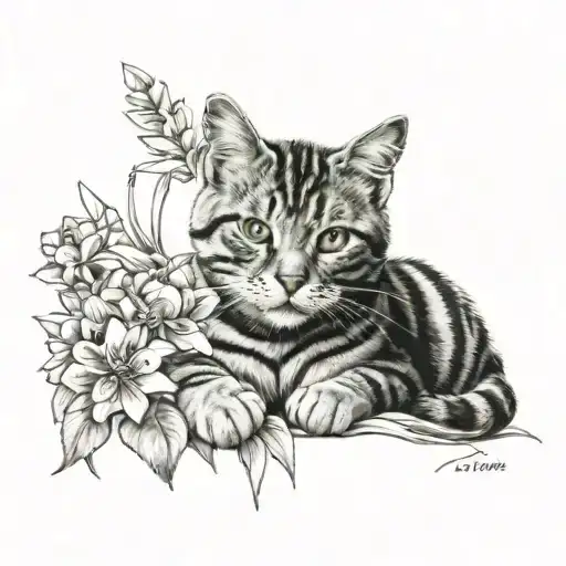 Grey Black Striped Cat Lies Between Flowers Blooming