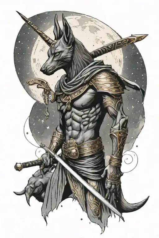Anubis Holding A Katana Against The Backdrop Of The Moon And Stars
