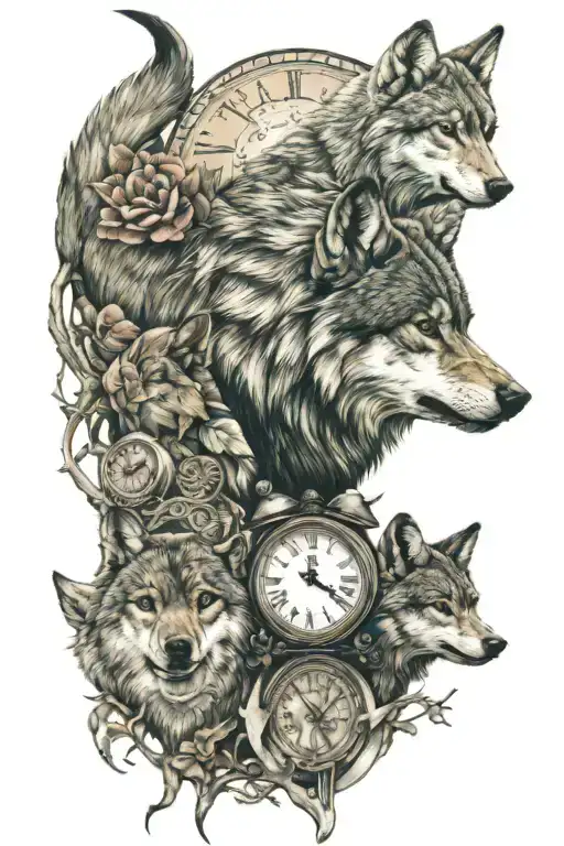 Wolf And 2 Cubs With 2 Clocks