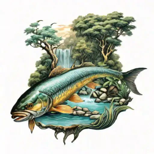 Realisitic Stream Running Through Thick Wooded Forest Landscape With Fish In The Water