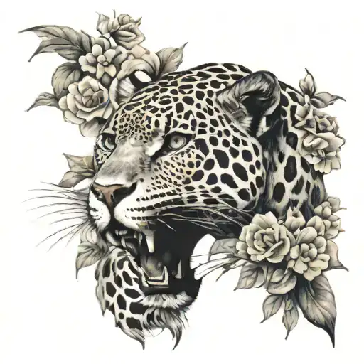 Jaguar With Floral Background