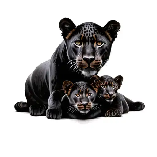 Black Panter With Three Cubs