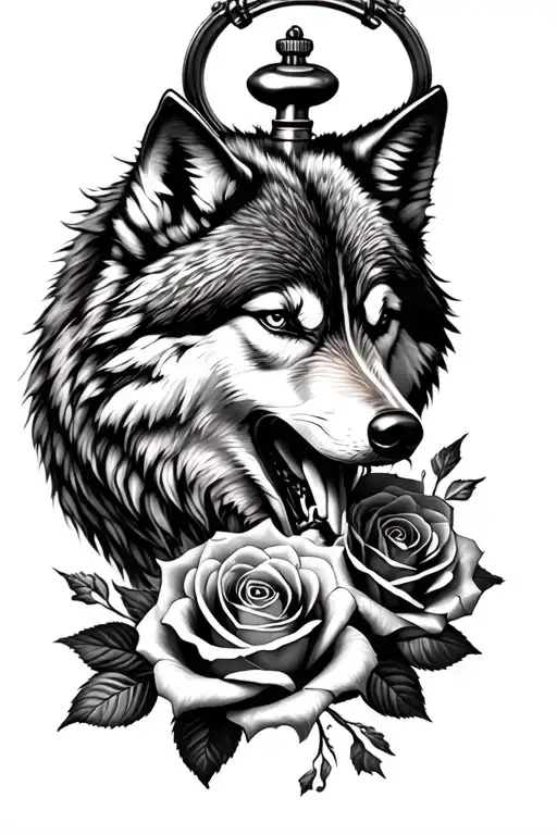 Pocket Watch Roses And A Wolf Growling