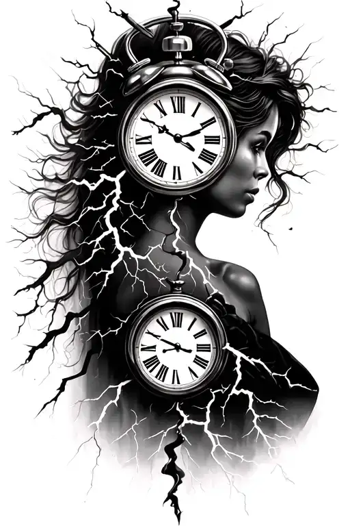 Woman Silhouette And Clock And Expression And Lightning Crackling