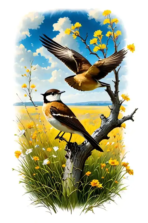 Realism Hawthorne Branch Below Prairie Landscape Shrike Bird Flying