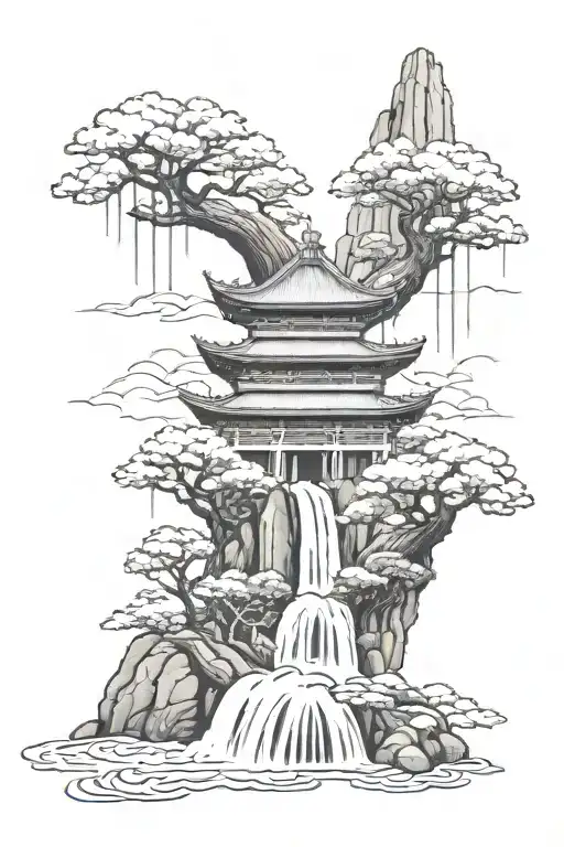 Japanese Temple Waterfall Flowing Bhudda