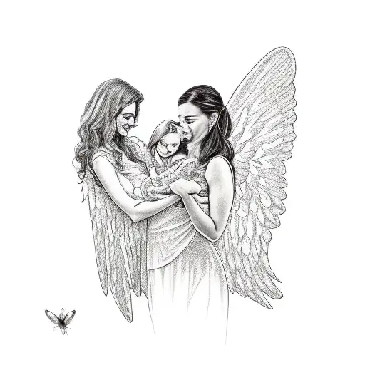 Angel Mother Holding Daughter With Butterflies