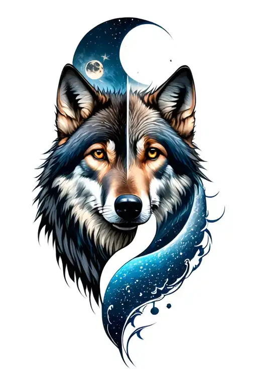 Wolf And Moon Merging Together Symbolizing