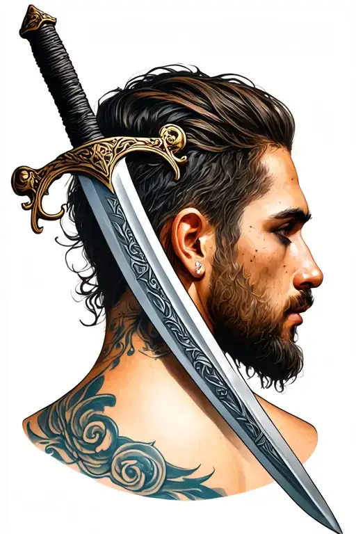Sword Tattoo On The Back Of The Neck