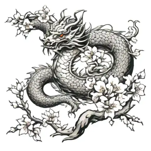 Chinese Dragon Cresent Moon With Cherry Blossom Flowers