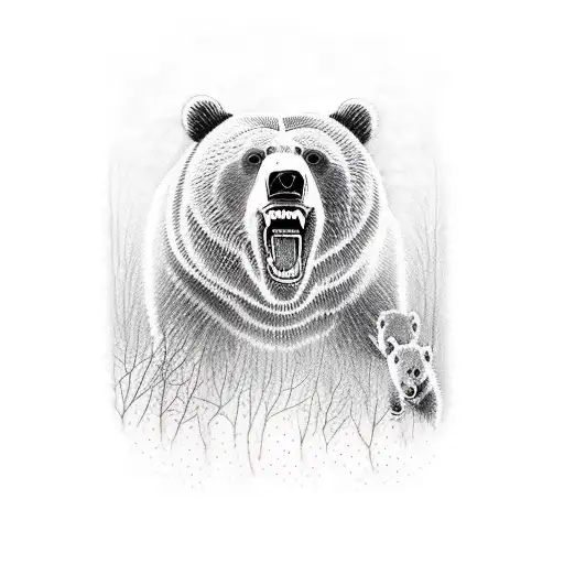 Grizzly Bear Roaring With A Forest And 3 Baby Bears Underneath It