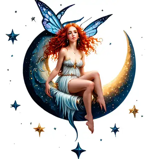 Red Haired Fairy Sitting On Crescent Moon Surrounded By Stars